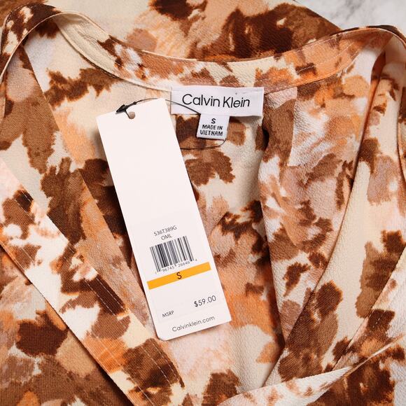 Calvin Klein Orange Floral Crepe Blouse Flutter Sleeves Split Neck Top Size S - Picture 7 of 10